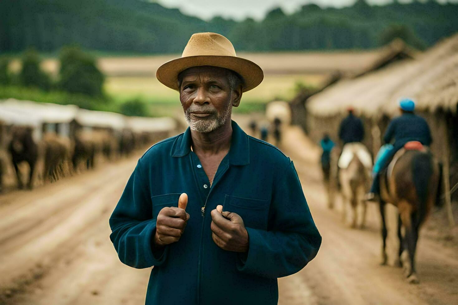 a man in a hat standing in front of a group of horses. AI-Generated photo