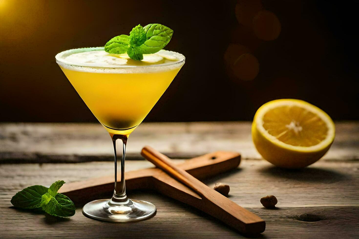 cocktail with lemon and mint on a wooden table. AI-Generated photo