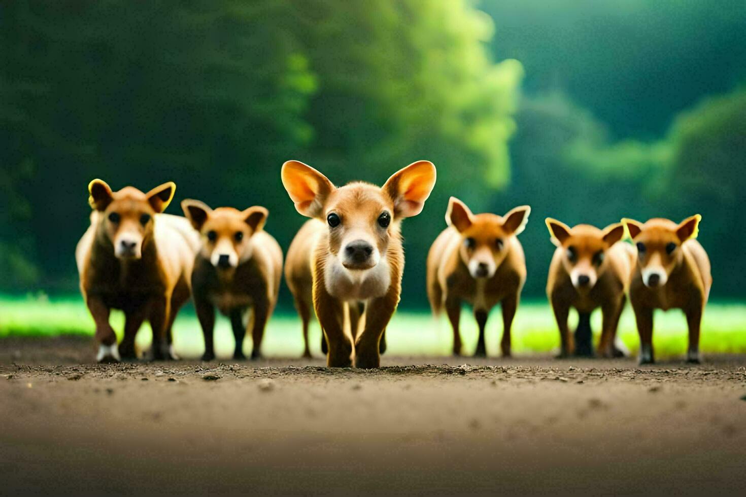 a group of small dogs walking on a road. AI-Generated photo