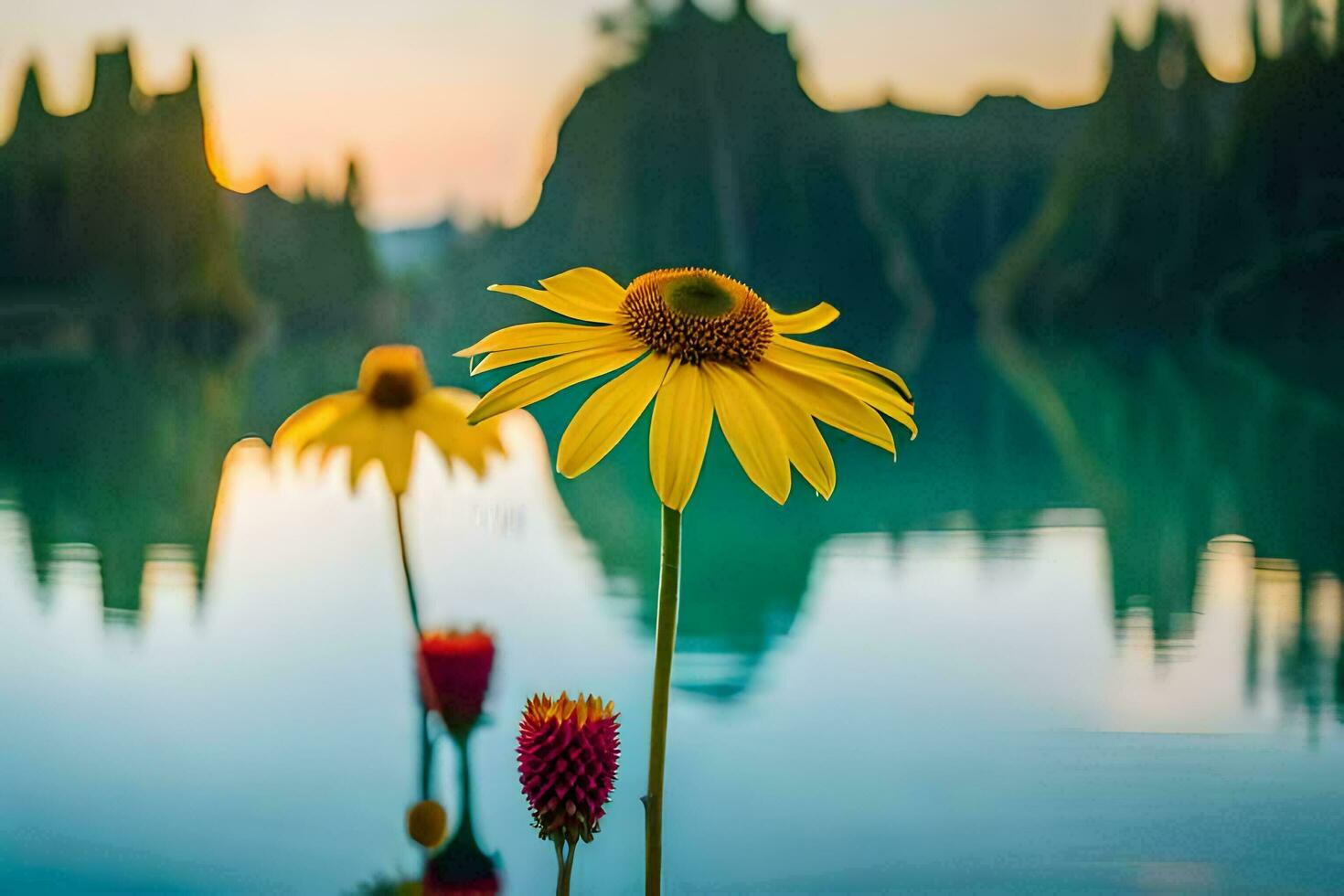 two yellow flowers are standing in front of a lake. AI-Generated photo