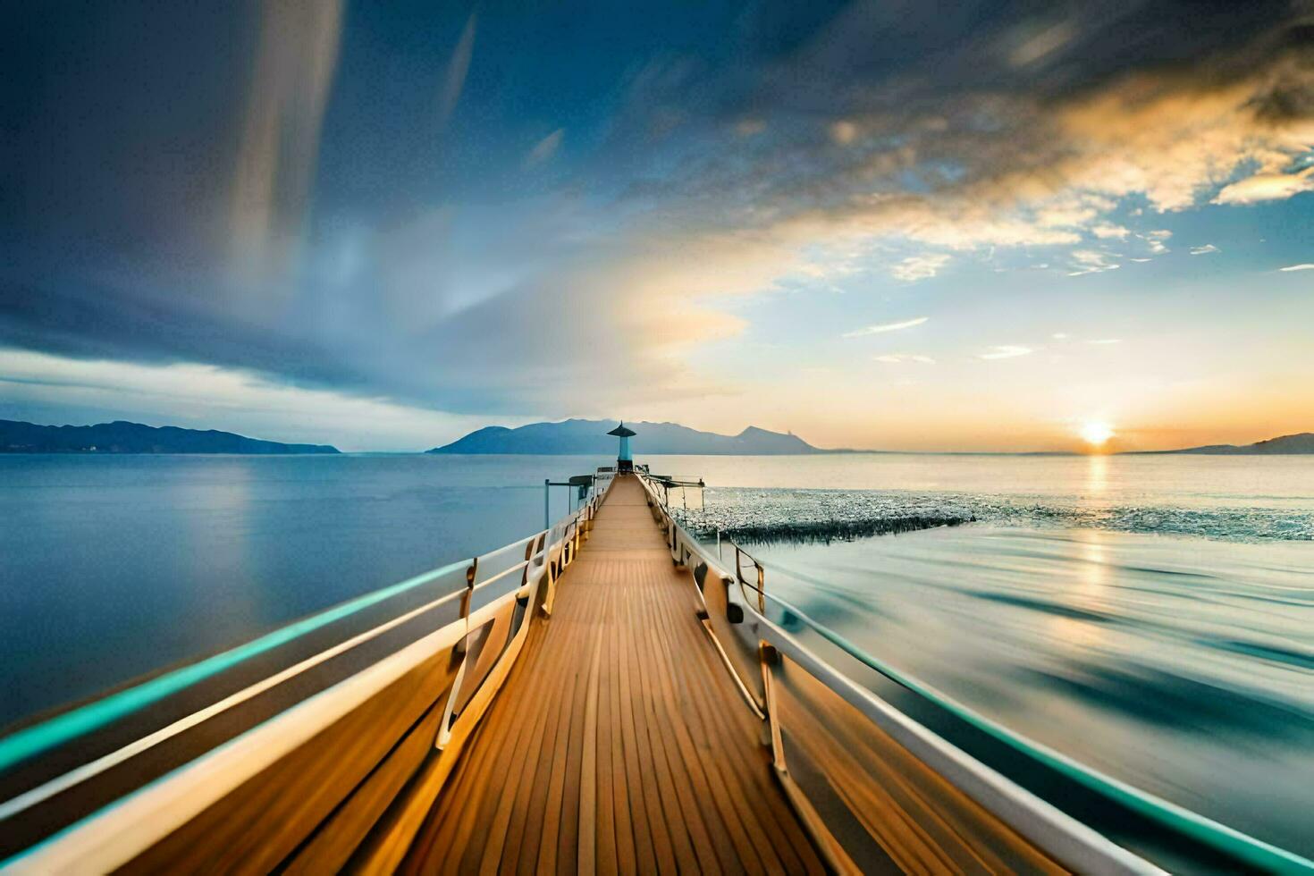 a long exposure photo of a dock at sunset. AI-Generated