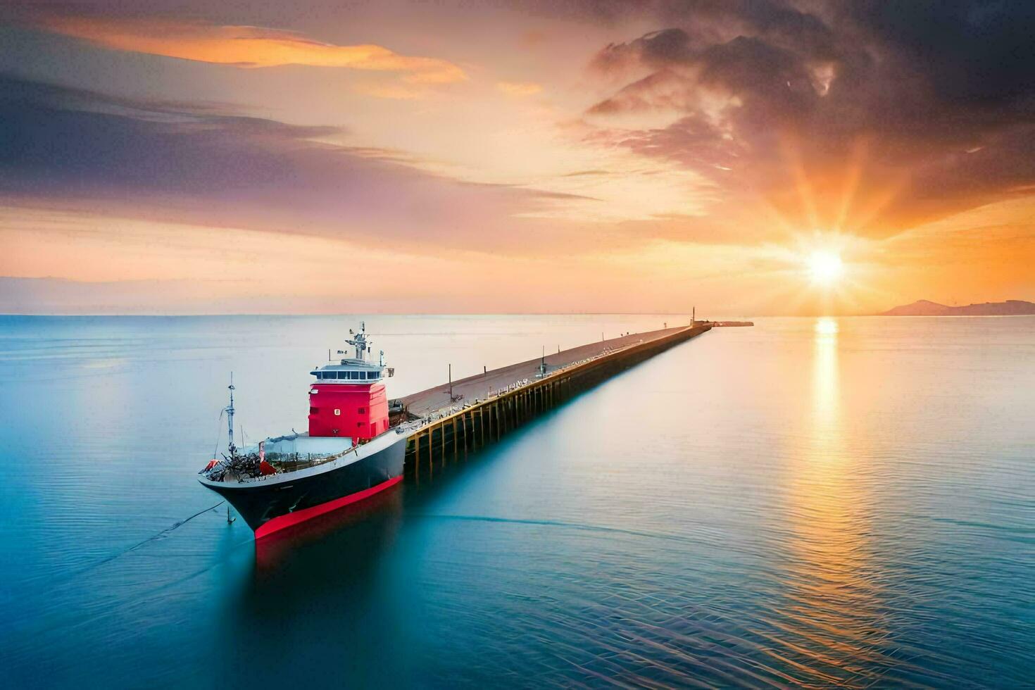a large ship in the ocean at sunset. AI-Generated photo