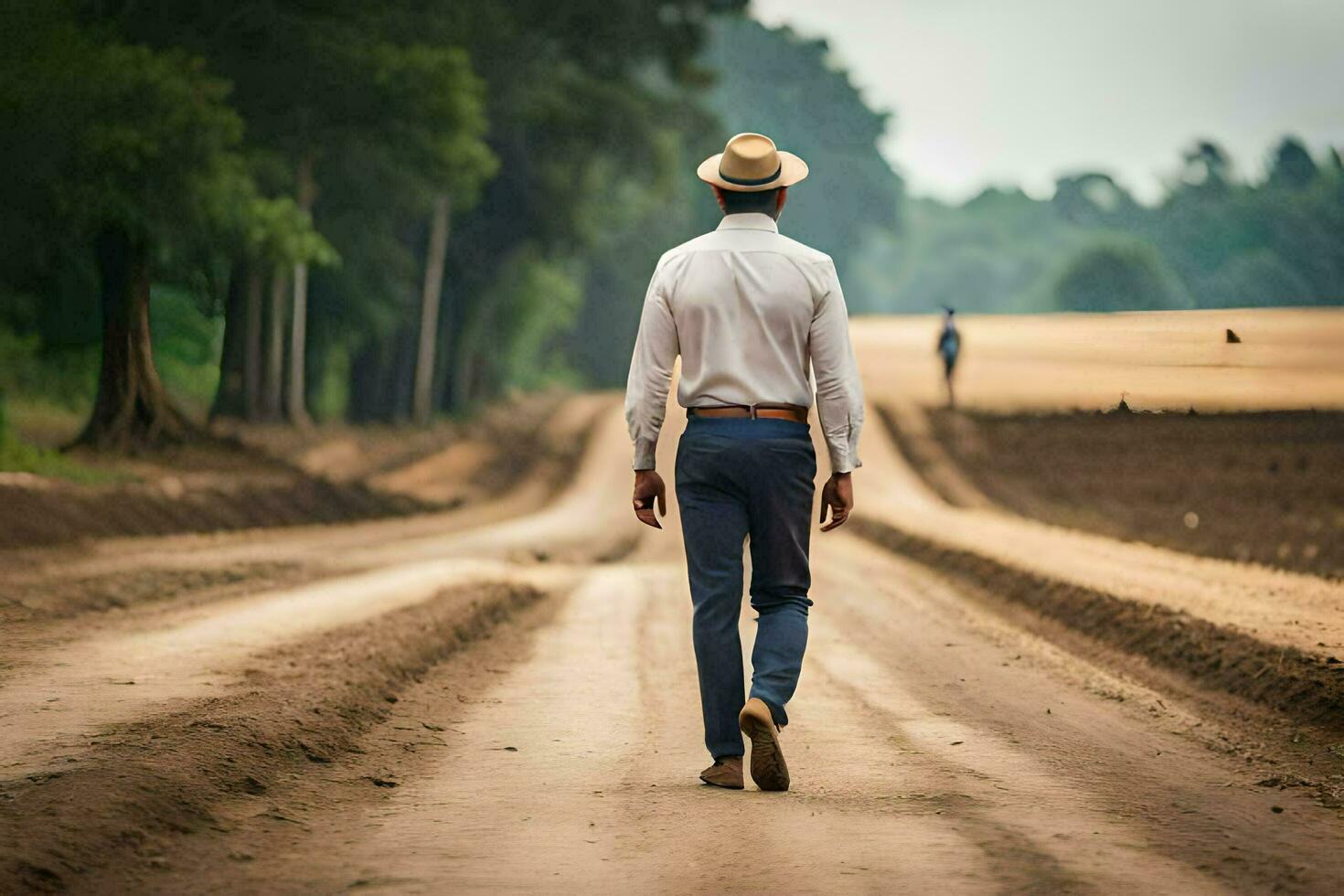 un hombre caminando abajo un suciedad la carretera con un sombrero en. generado por ai foto