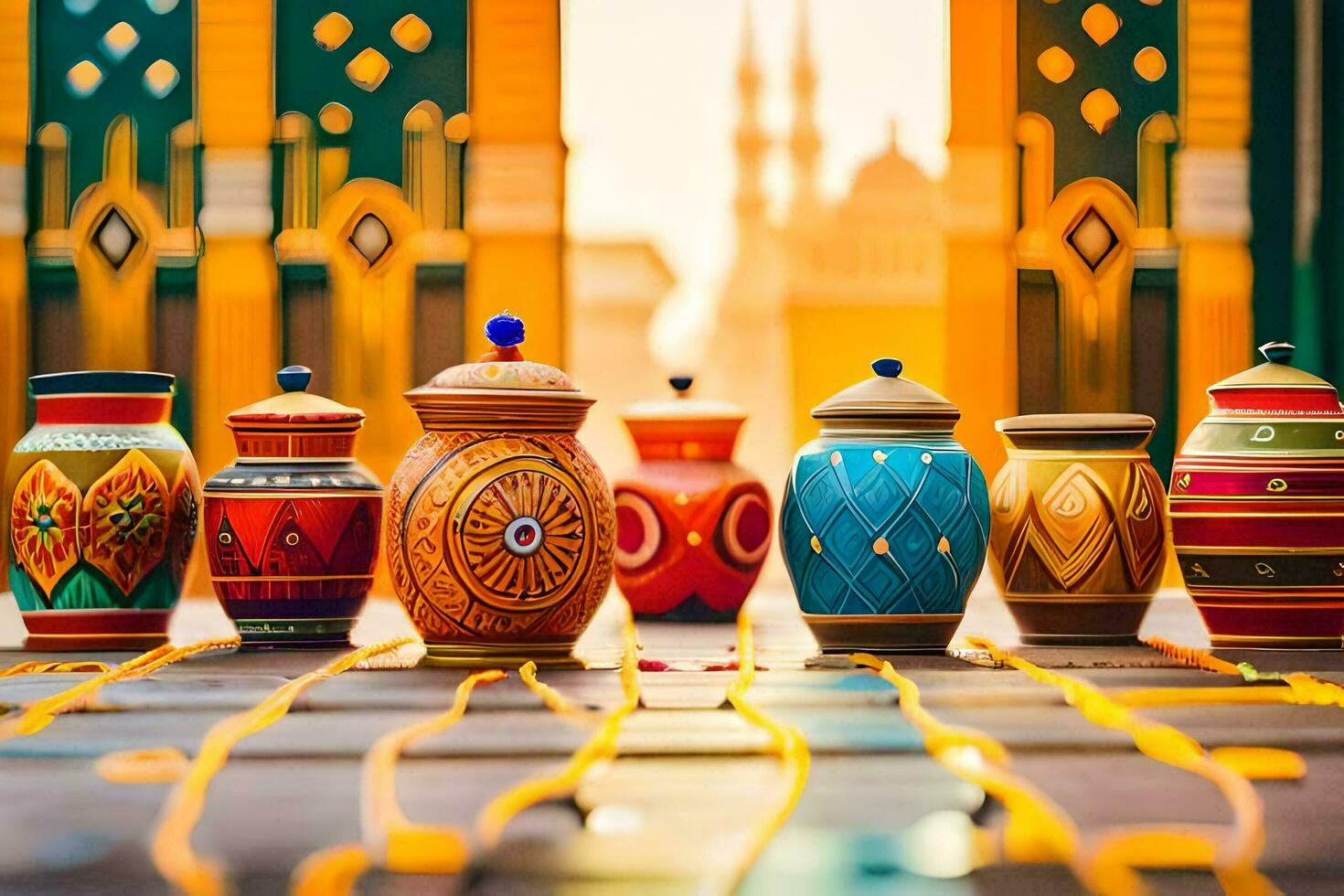 colorful ceramic pots lined up on a table. AI-Generated photo