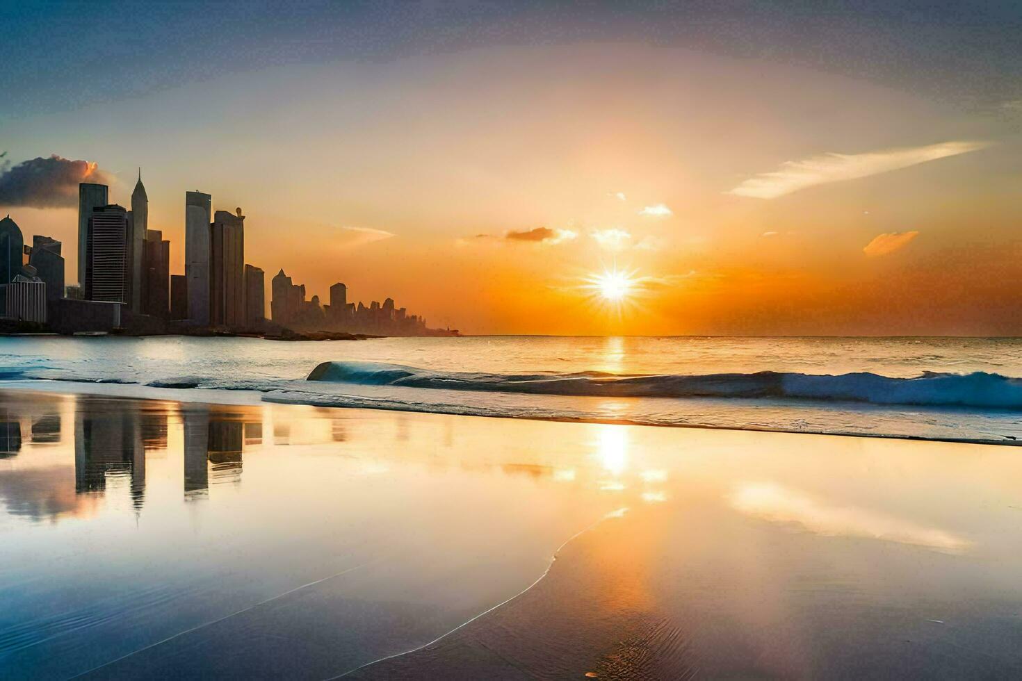 the sun sets over the city skyline in dubai. AI-Generated photo