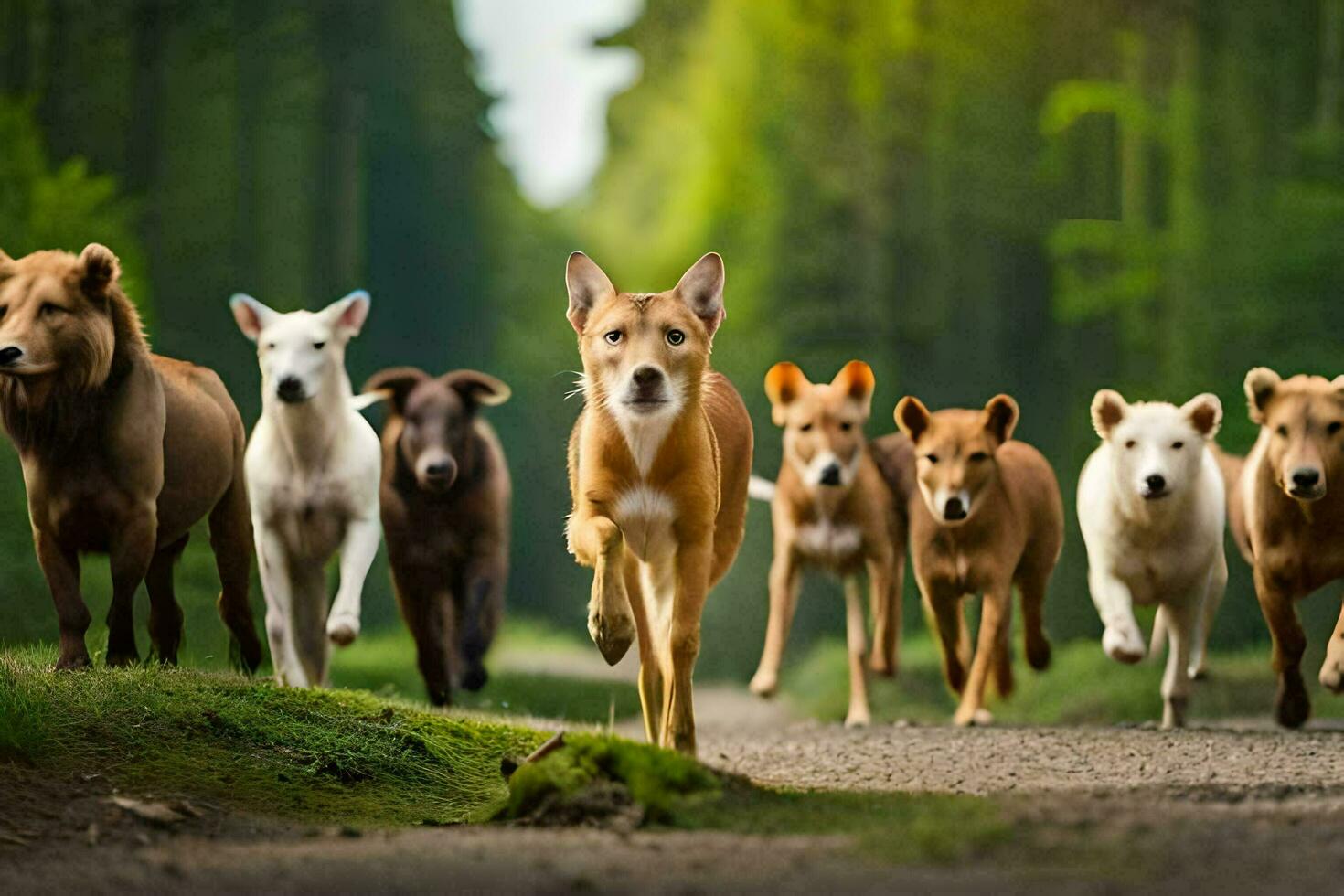 a group of dogs running on a road in the forest. AI-Generated photo