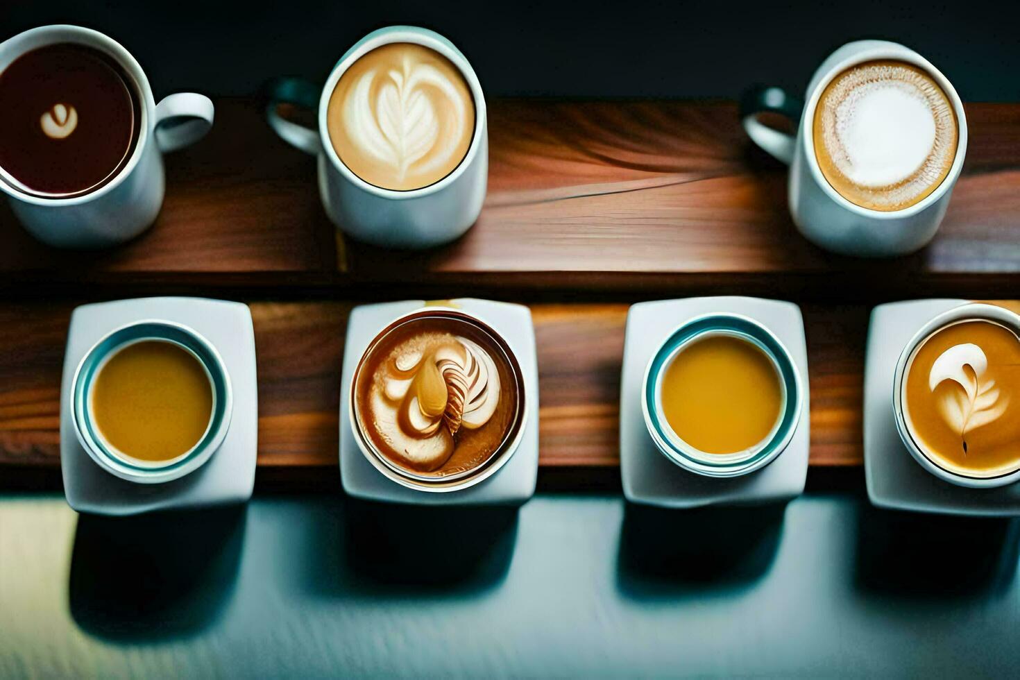 a variety of coffee cups are lined up on a table. AI-Generated photo