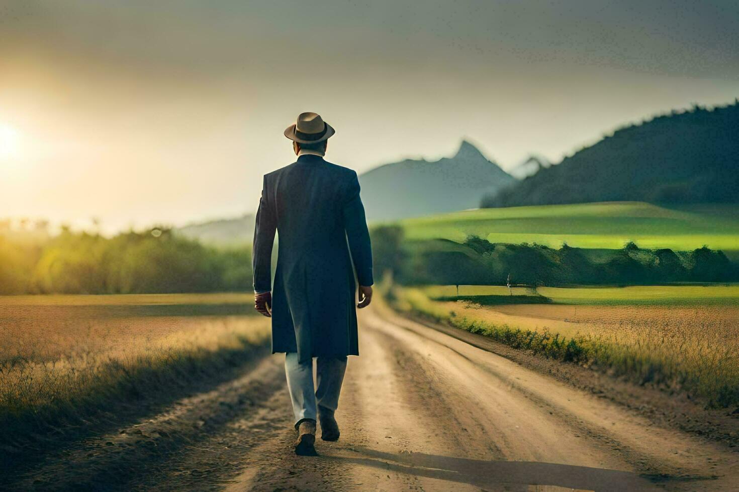 a man in a suit and hat walking down a dirt road. AI-Generated photo