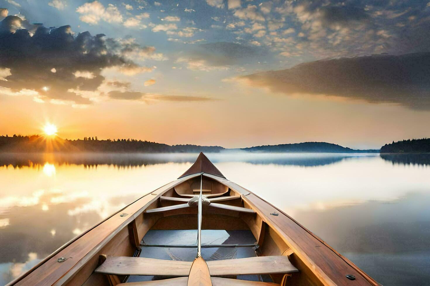 the sun rises over the lake. AI-Generated photo