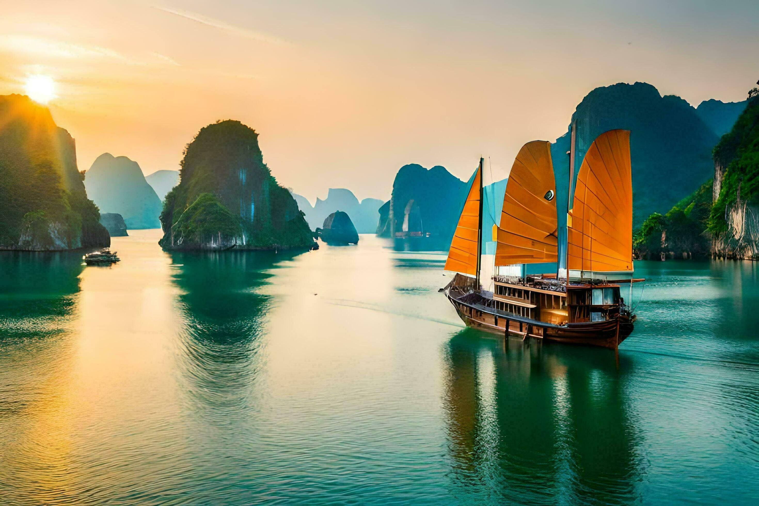 a boat sails through the water near mountains. AIGenerated 32383367