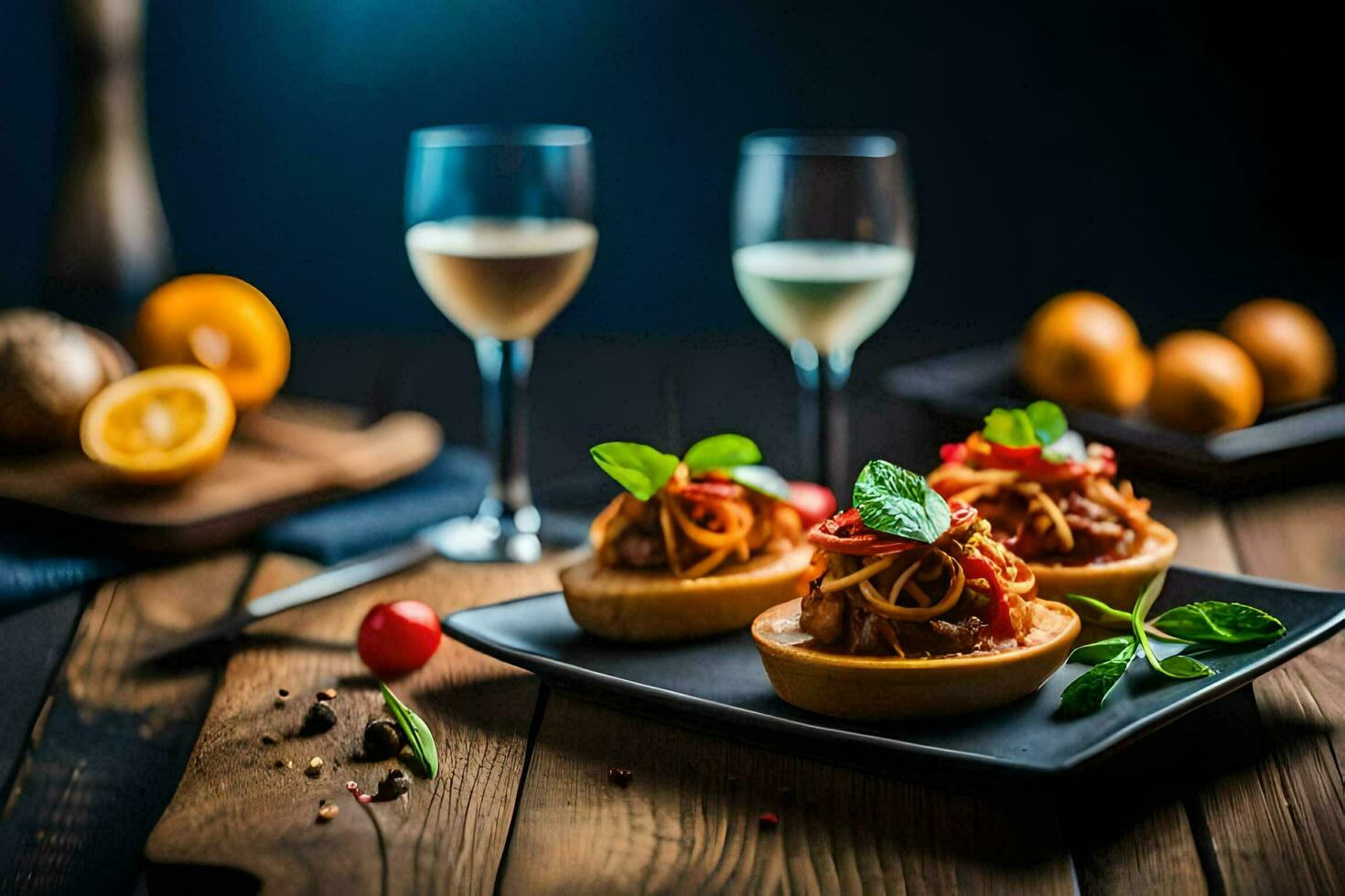 food on a plate with wine glasses and a knife. AI-Generated photo