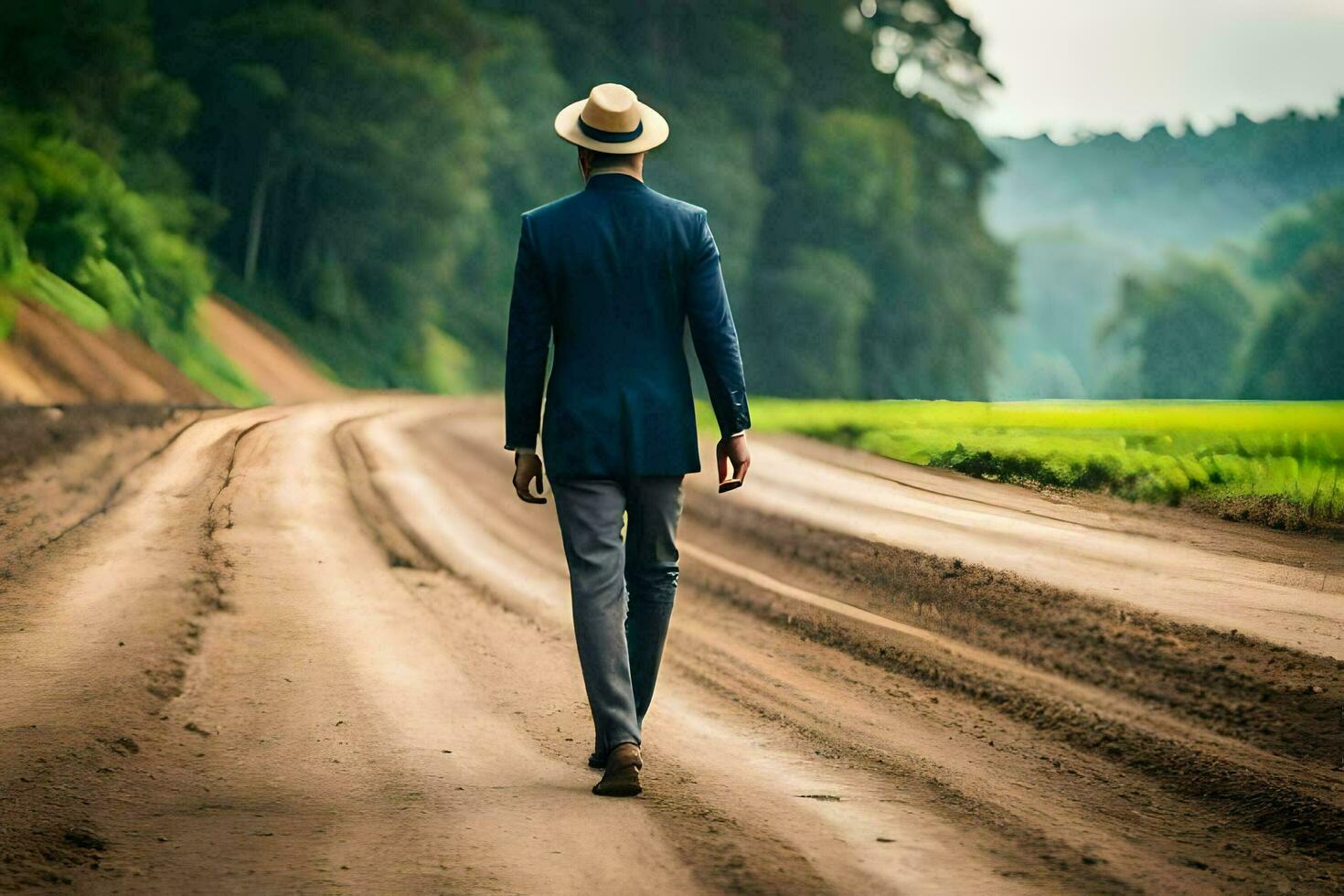 a man in a suit and hat walks down a dirt road. AI-Generated photo