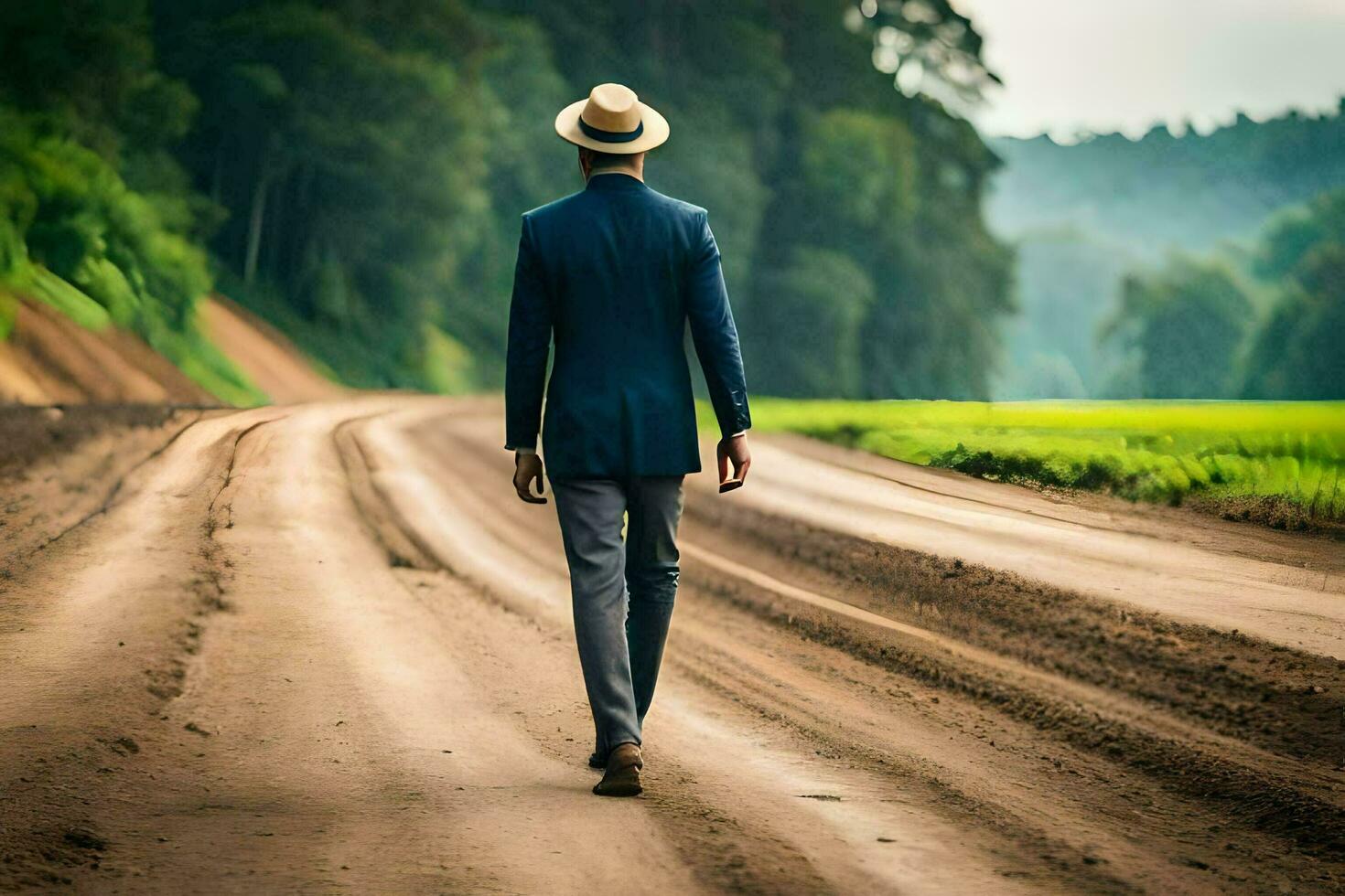 un hombre en un traje y sombrero camina abajo un suciedad la carretera. generado por ai foto