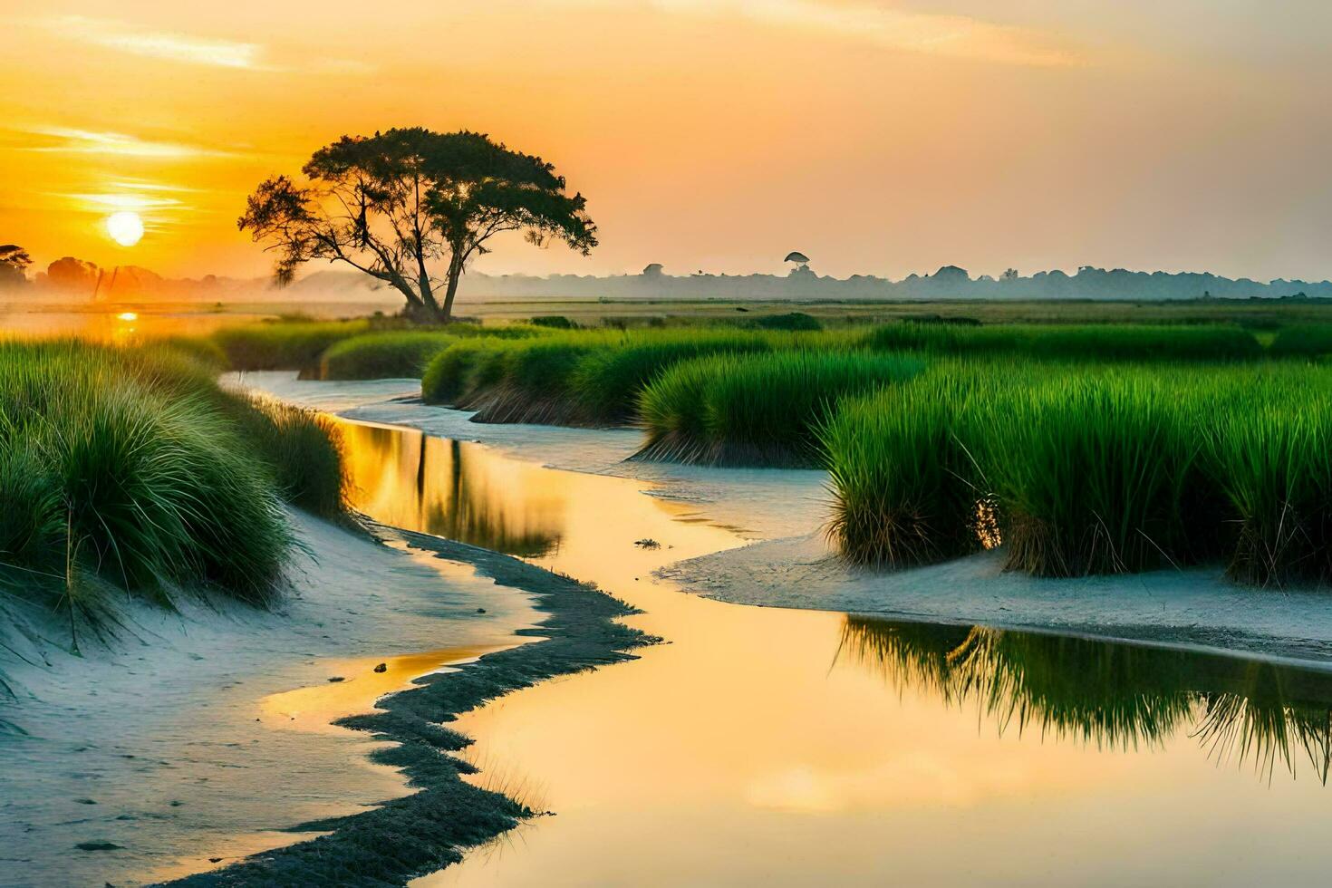 the sunrise over the marsh. AI-Generated photo