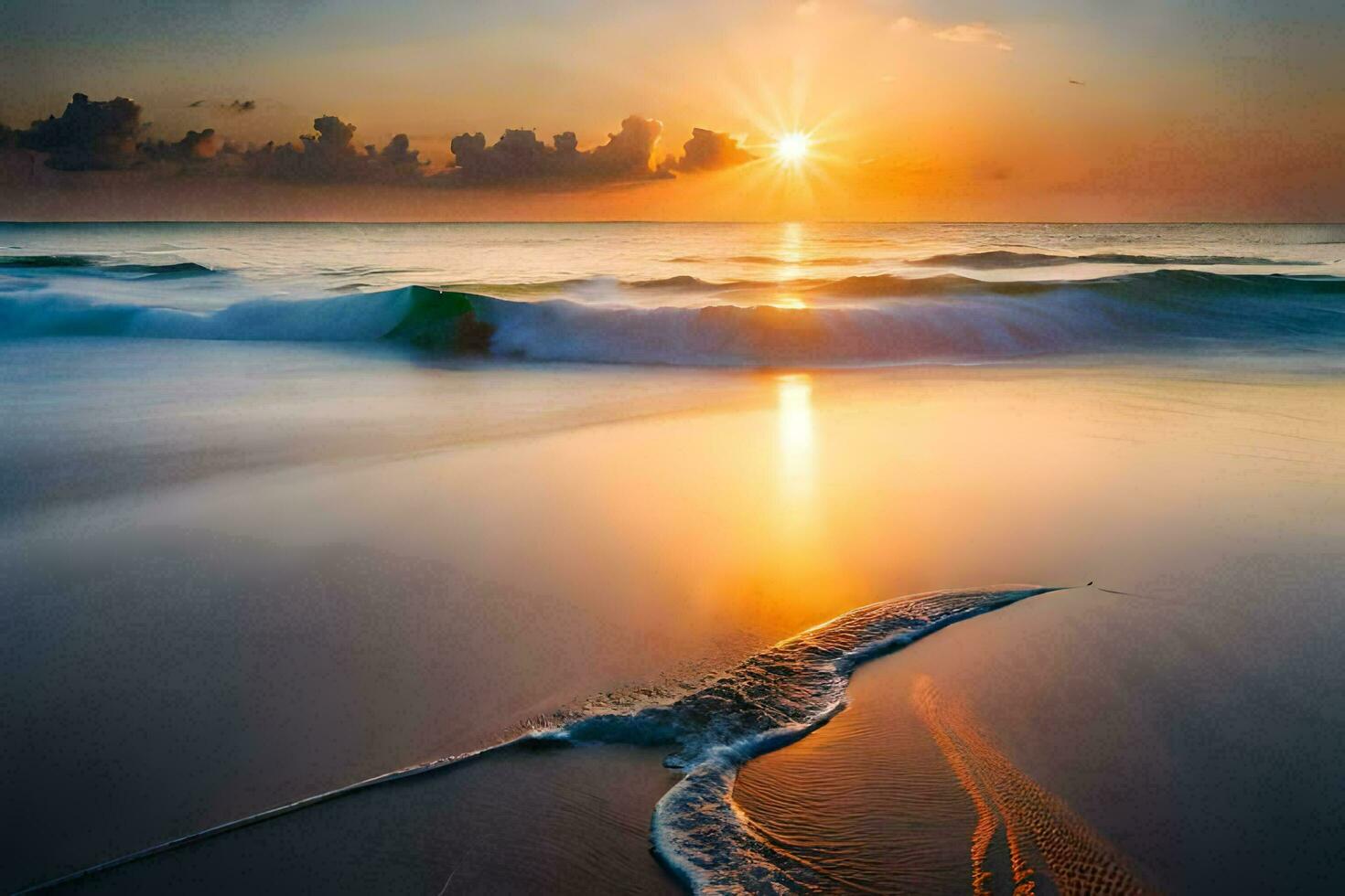 the sun rises over the ocean and waves. AI-Generated photo