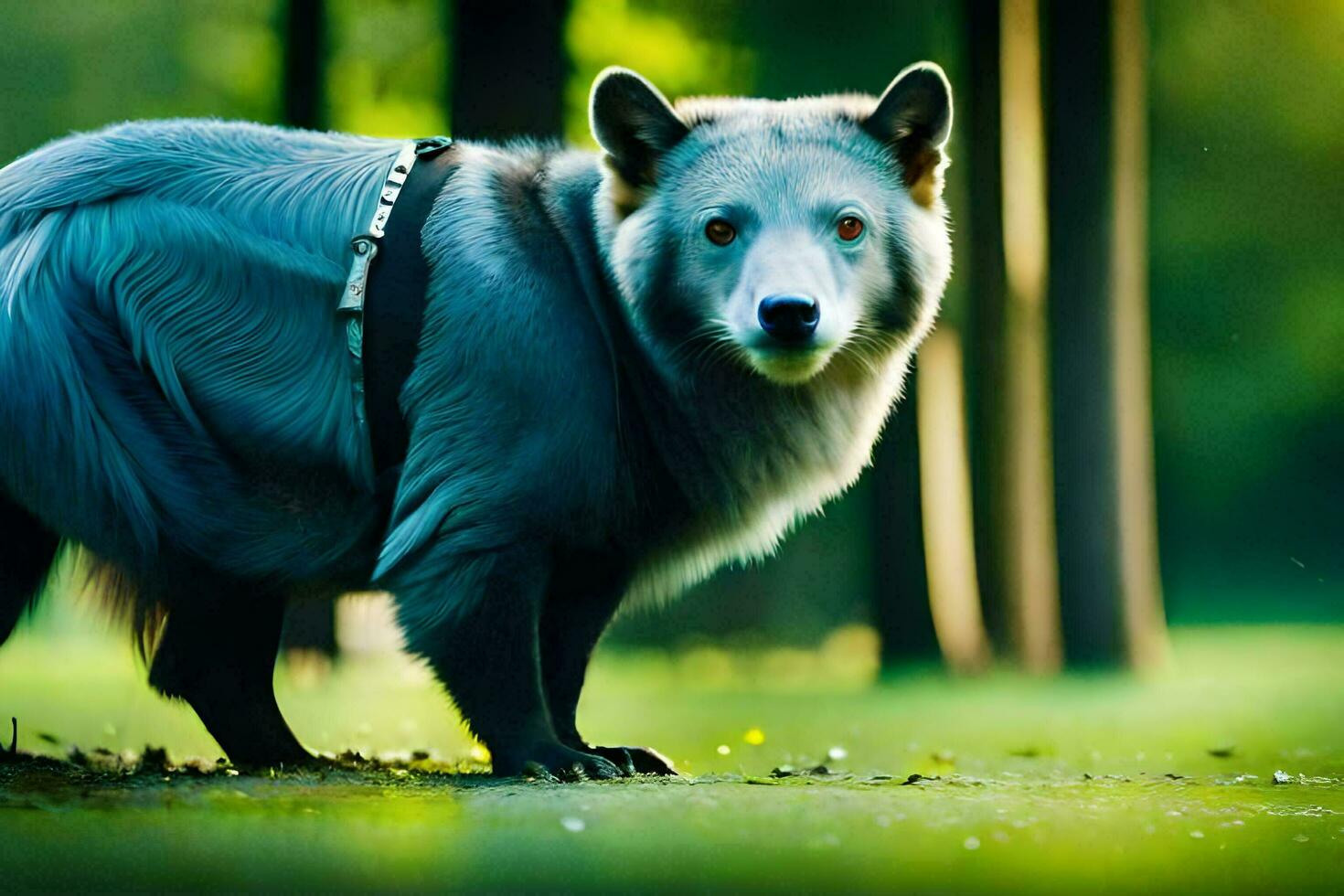 a dog with a leash walking in the woods. AI-Generated photo