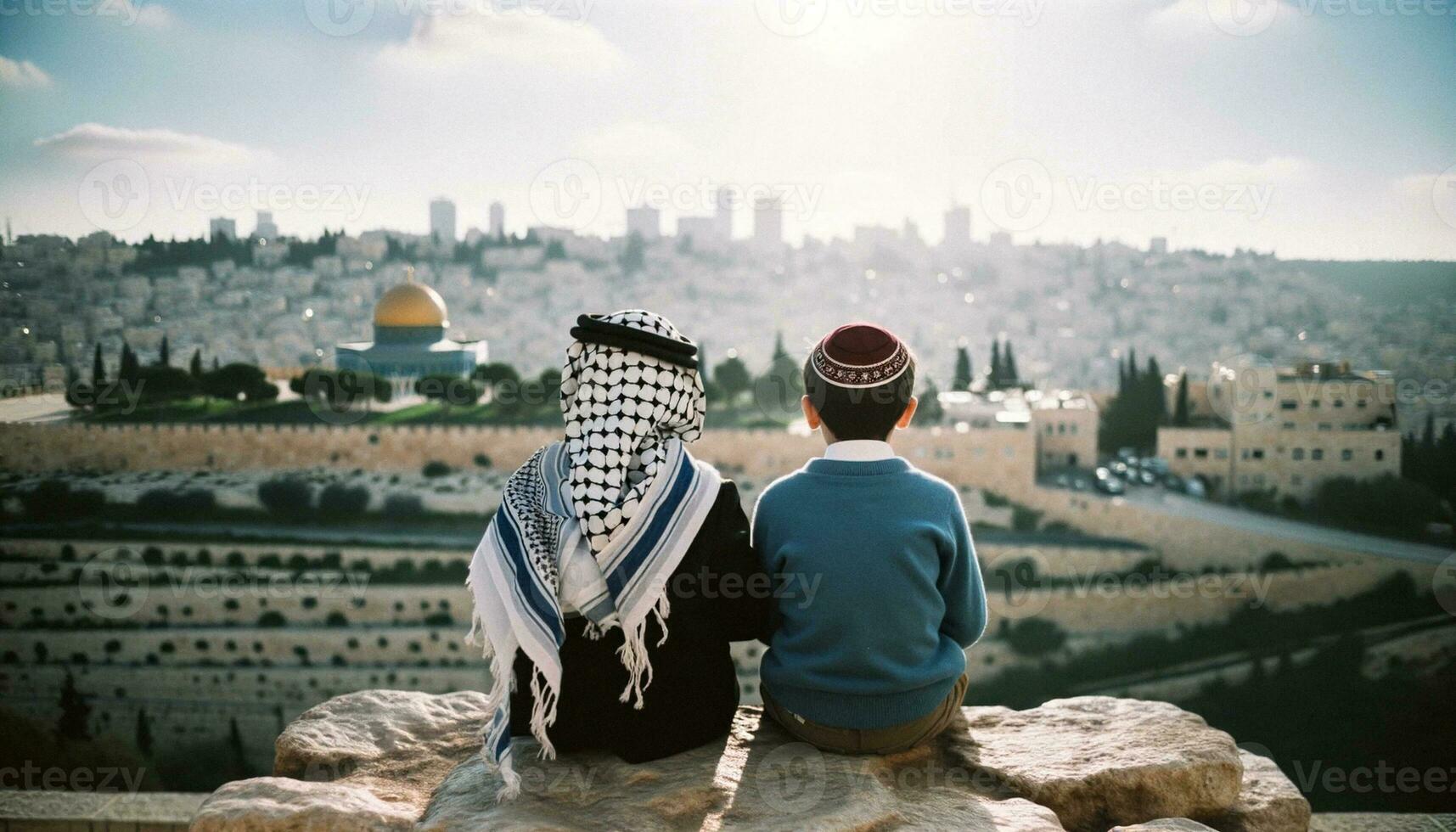 Symbol of Peace Jewish and Palestinian Friends in Jerusalem. Generative ai photo