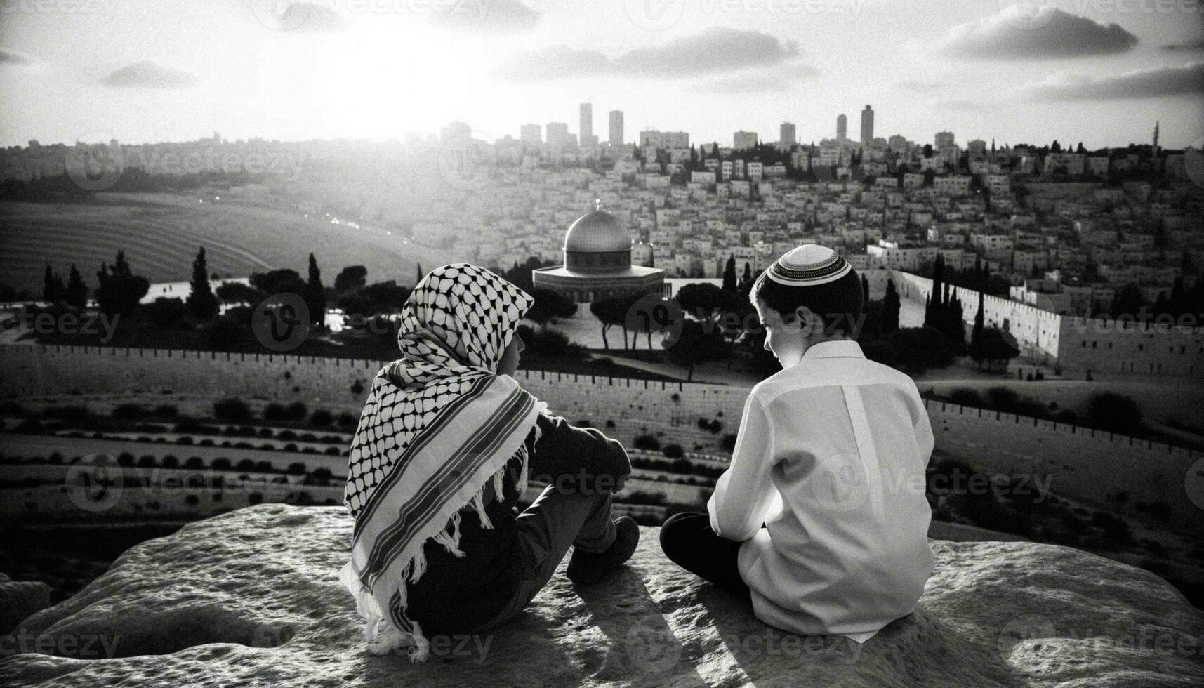 símbolo de paz judío y palestino amigos en Jerusalén. generativo ai foto