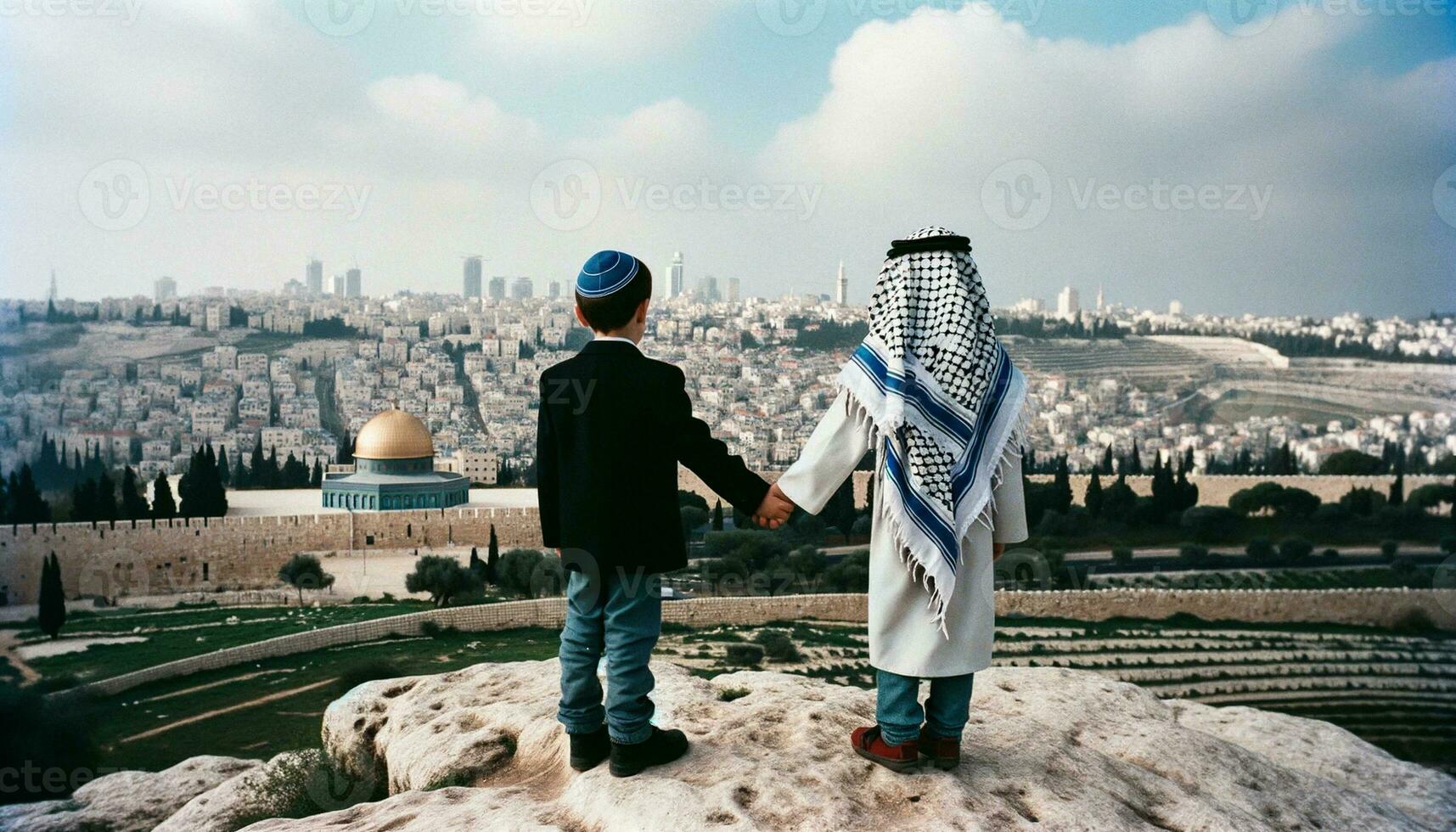 Symbol of Peace Jewish and Palestinian Friends in Jerusalem. Generative ai photo