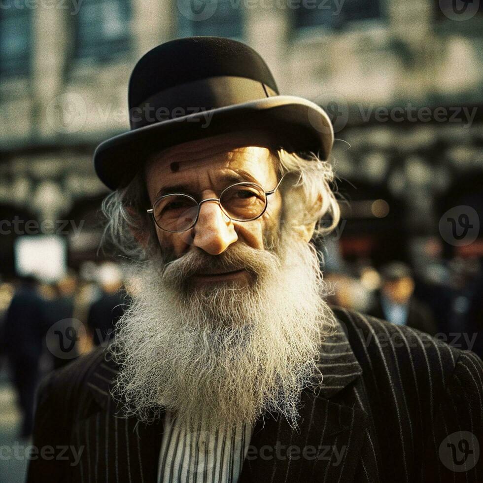 orthodox jewish man, dressed in black, wearing a long beard and a hat   generative AI photo