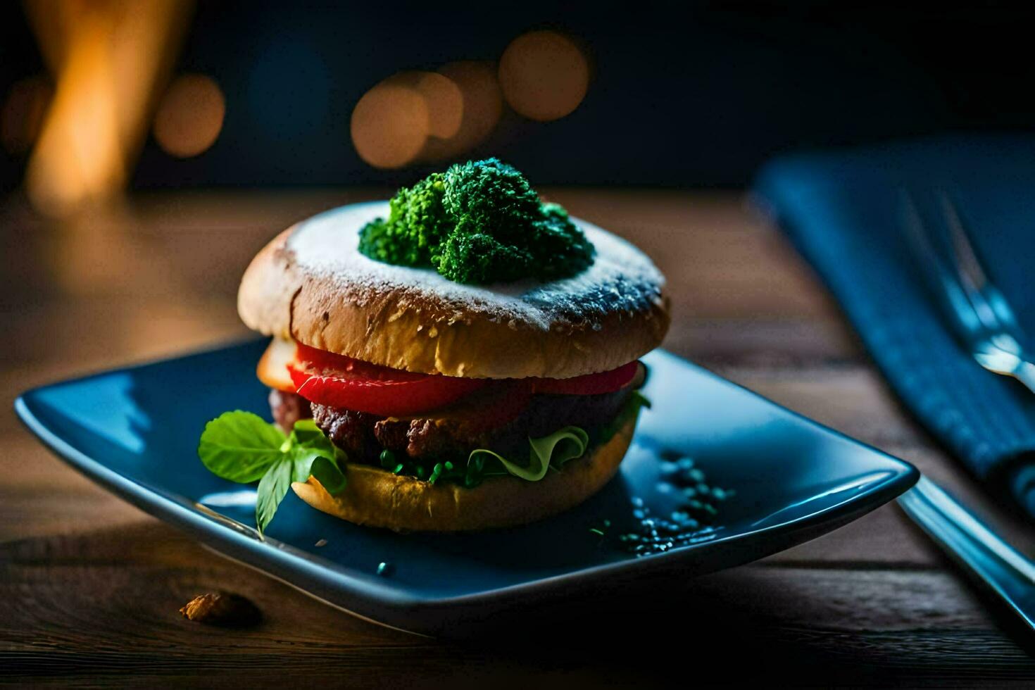 un hamburguesa en un plato con brócoli. generado por ai foto