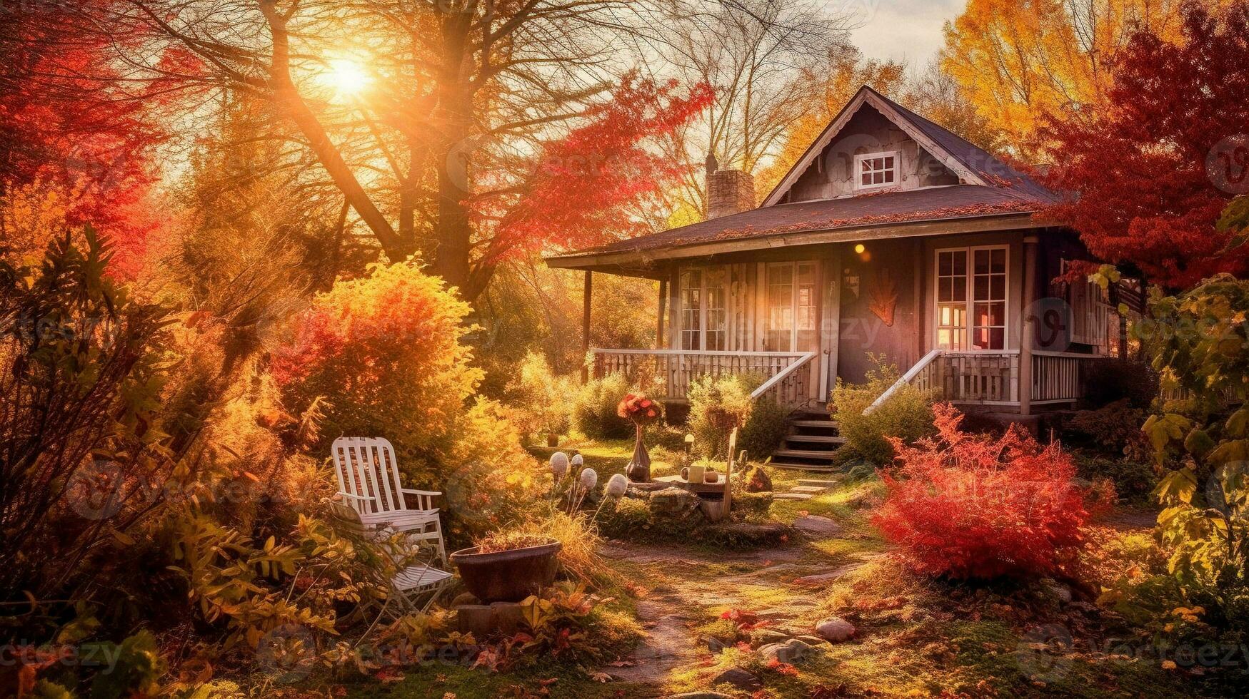 Autumnal Serenity AI Generated American Wooden House in the Forest photo