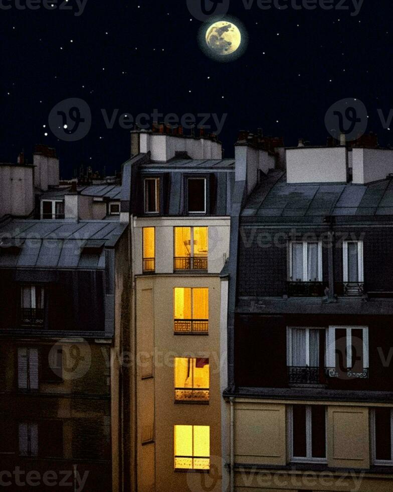 Nocturnal Paris Moonlit Cityscape under a Starry Sky   generative ai photo