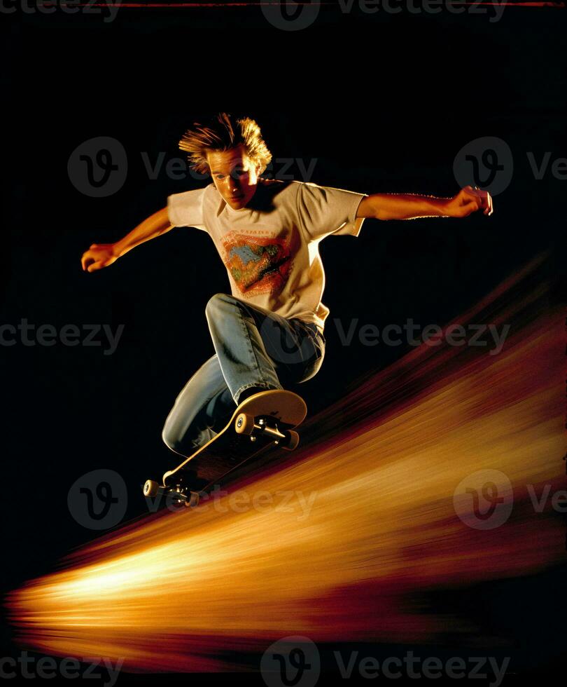 90s Vibe Dynamic Skateboarding Pose by Teenager   generative ai photo