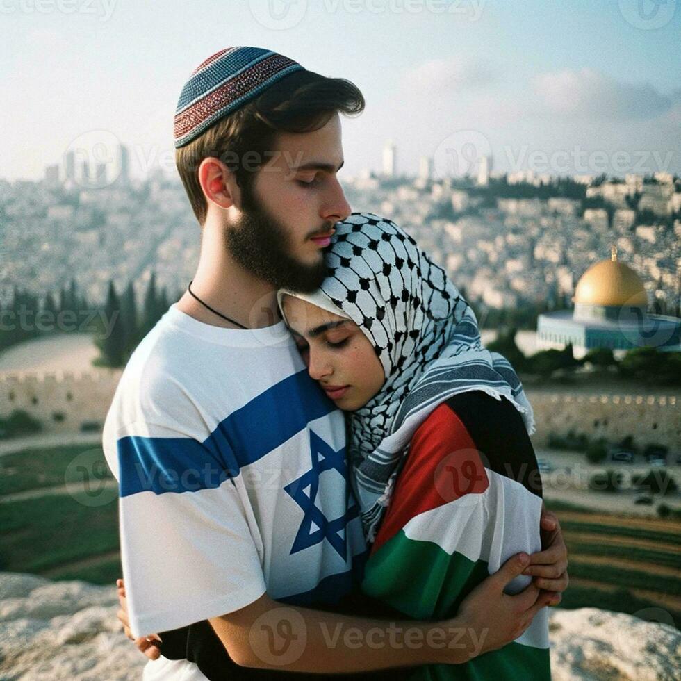 Young Couple in Love Symbol of Peace and Reconciliation in Jerusalem. Generative AI. photo