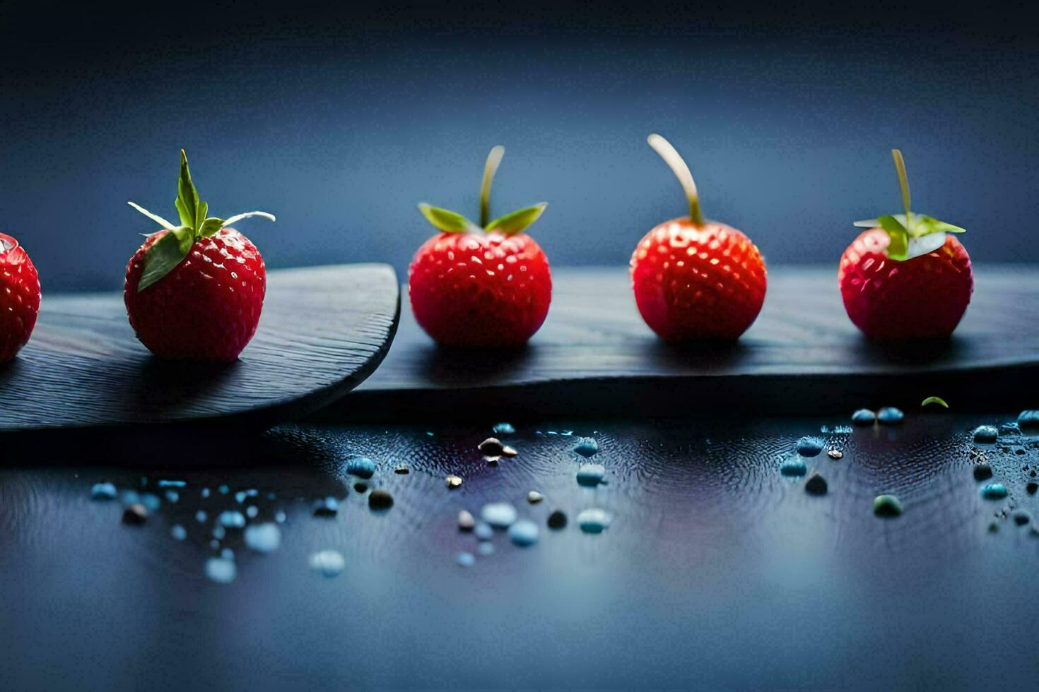 five strawberries are arranged on a black plate. AI-Generated photo