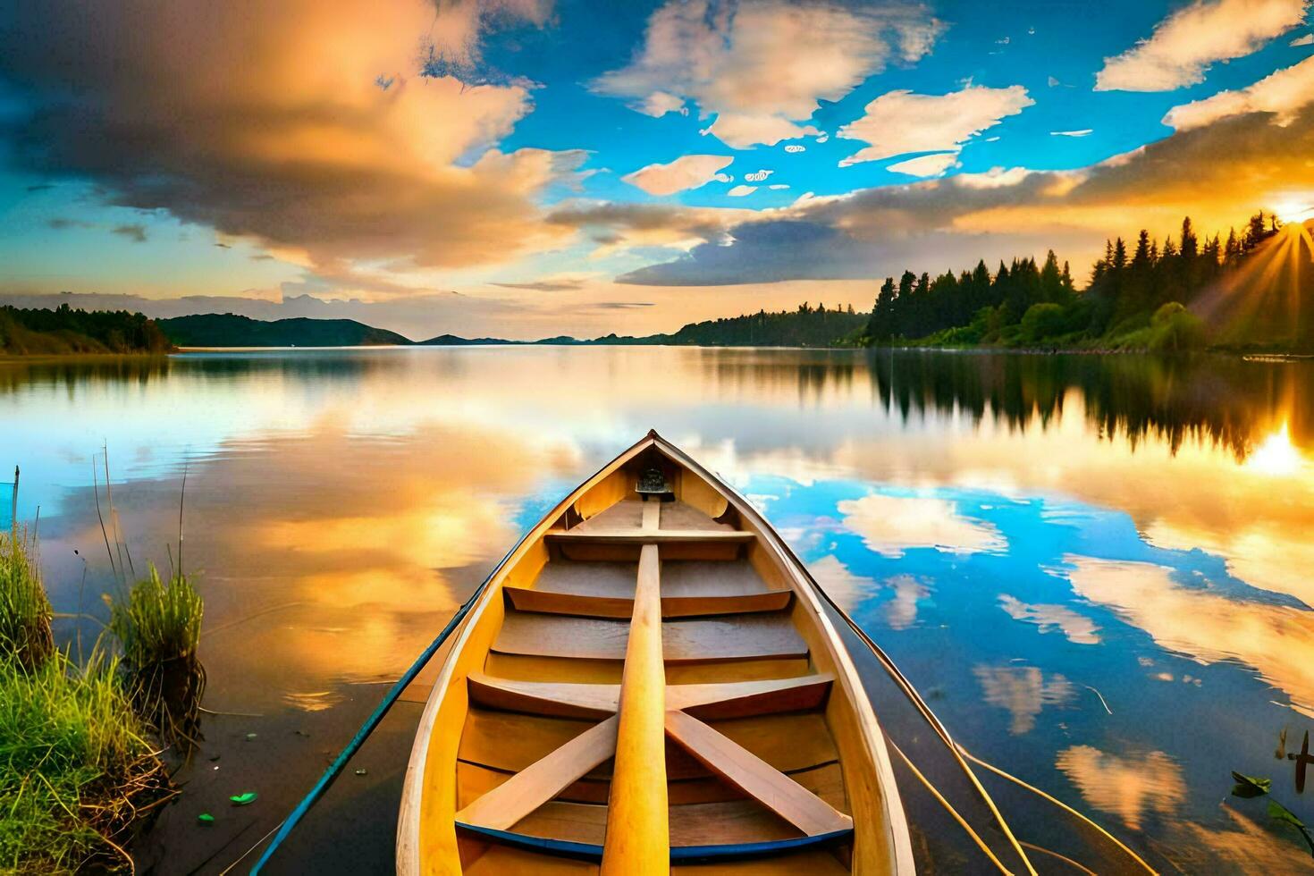 a canoe is docked on a lake at sunset. AI-Generated photo