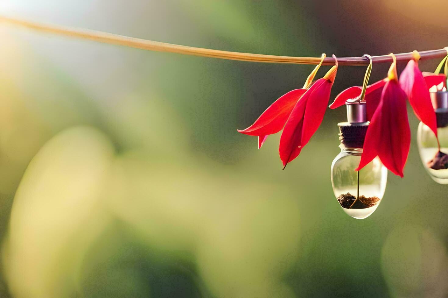 red flowers hanging from a string. AI-Generated photo