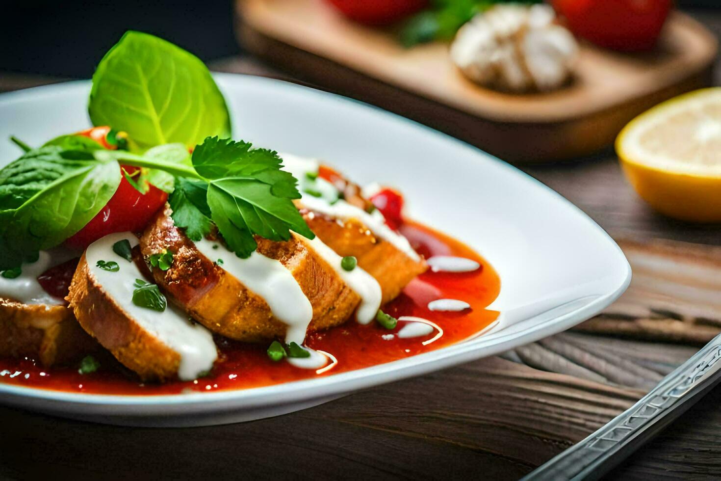 a plate of food with chicken and tomatoes. AI-Generated photo