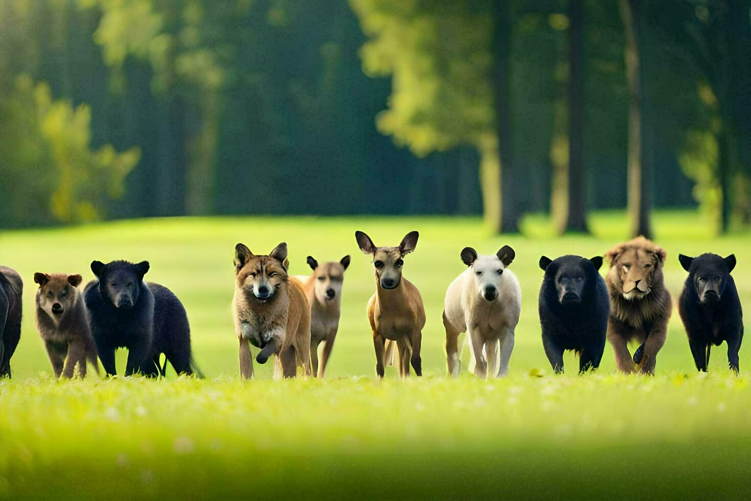 a group of dogs and deer running in the grass. AI-Generated photo