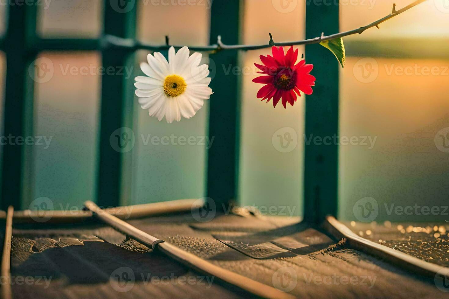 two flowers are hanging from a wire fence. AI-Generated photo