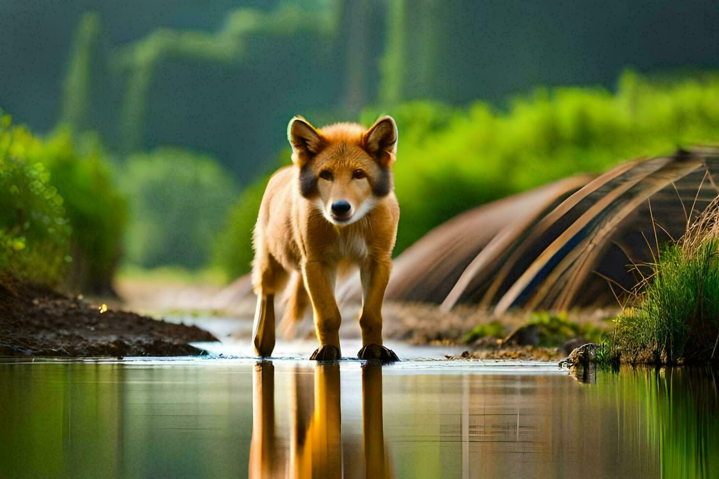 a wolf is standing in the water near a river. AI-Generated photo