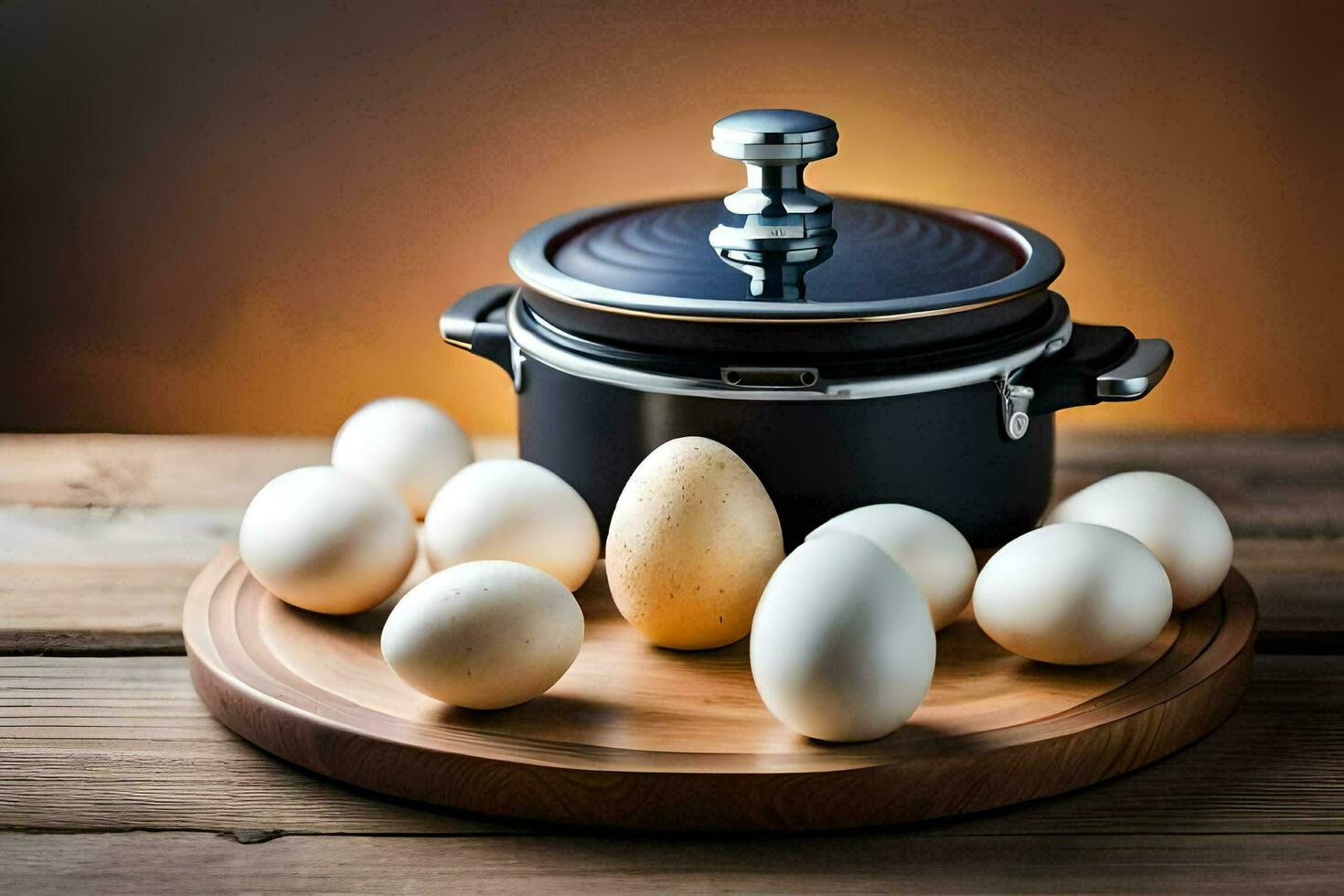 eggs on a wooden board with a pot. AI-Generated photo