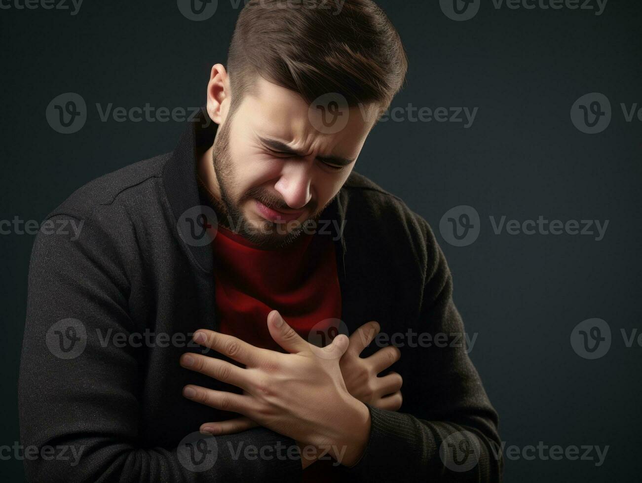 hombre aparece a ser en dolor en gris antecedentes ai generativo foto