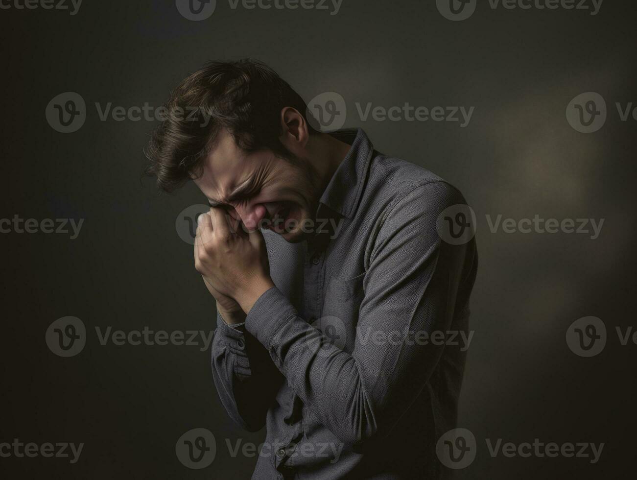 Man appears to be in pain on grey background AI Generative photo