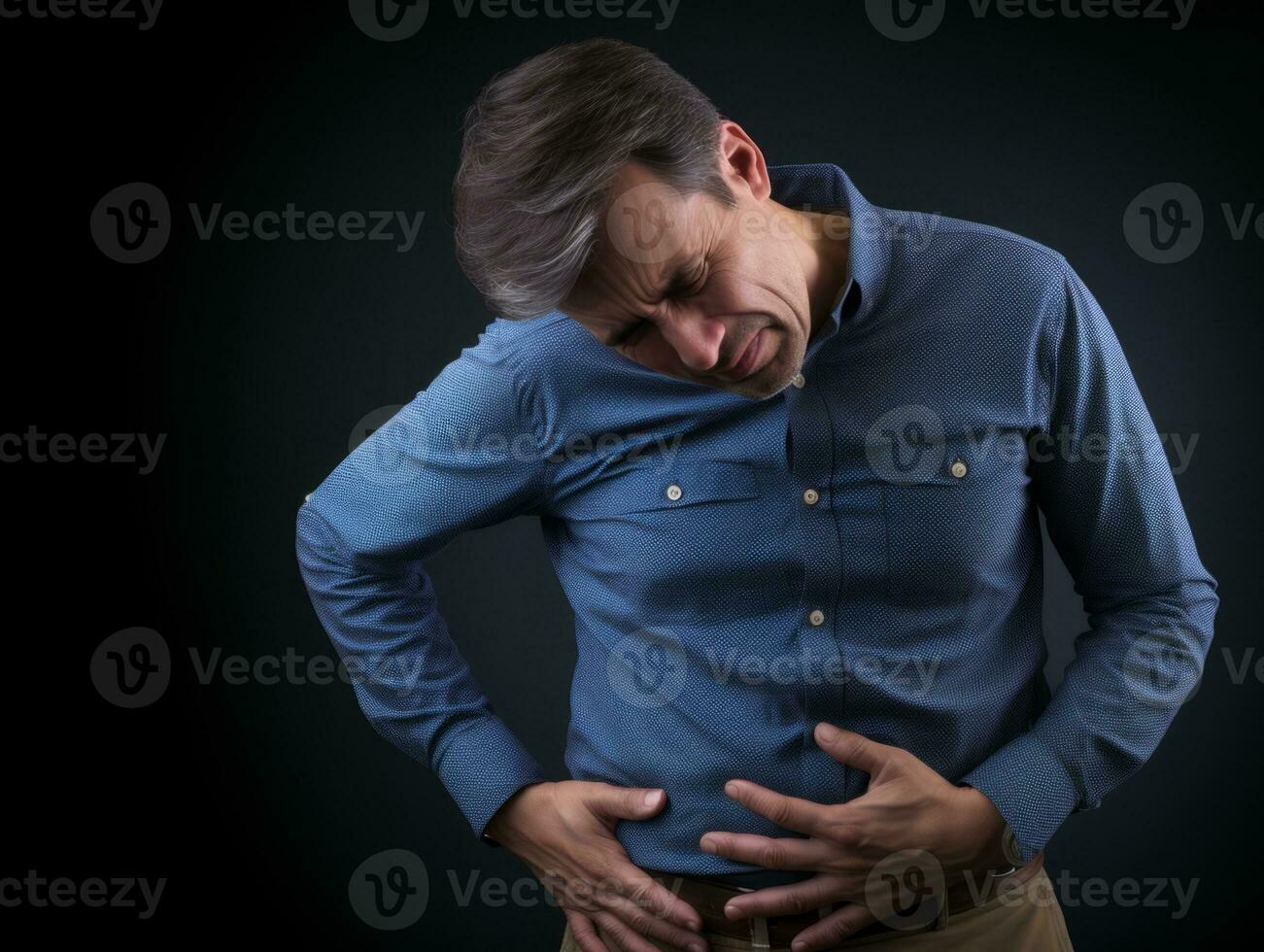 Man appears to be in pain on grey background AI Generative photo