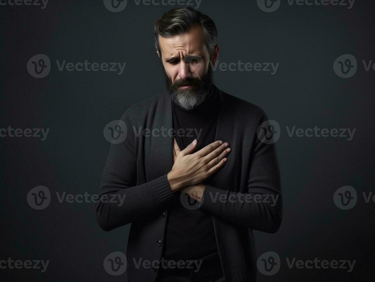 Man appears to be in pain on grey background AI Generative photo