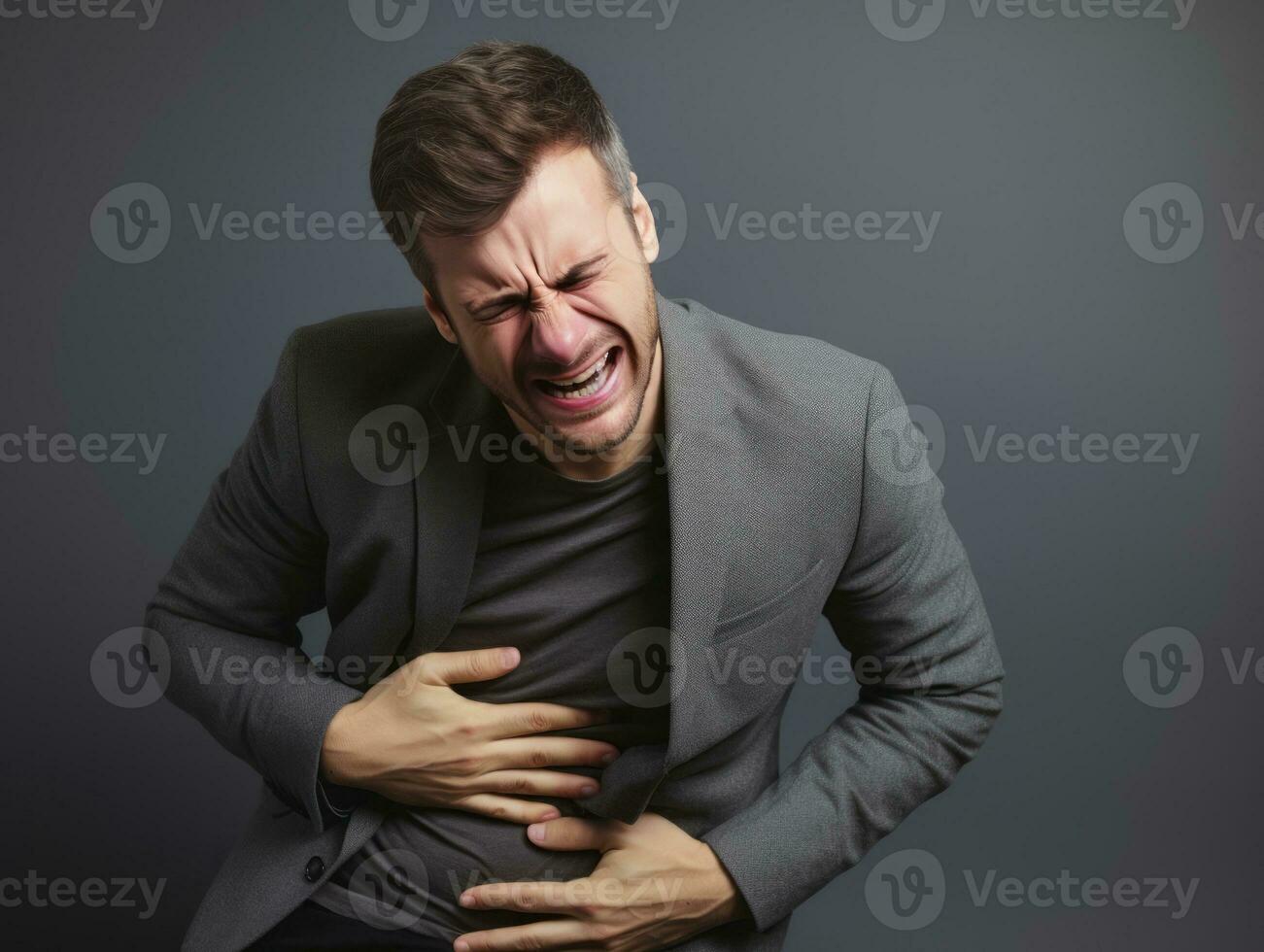 Man appears to be in pain on grey background AI Generative photo