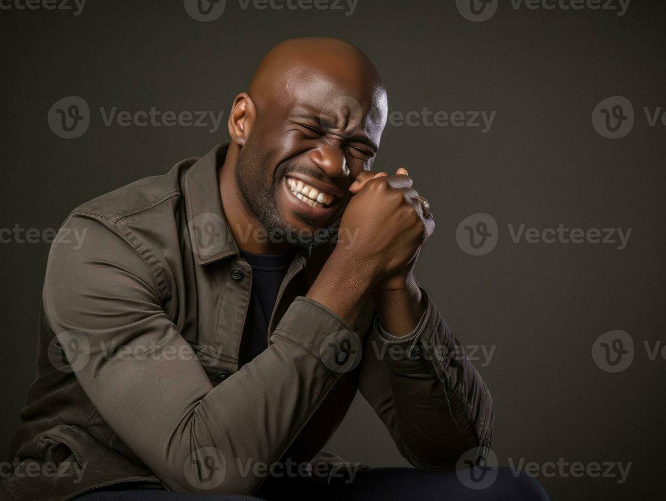 Man appears to be in pain on grey background AI Generative photo