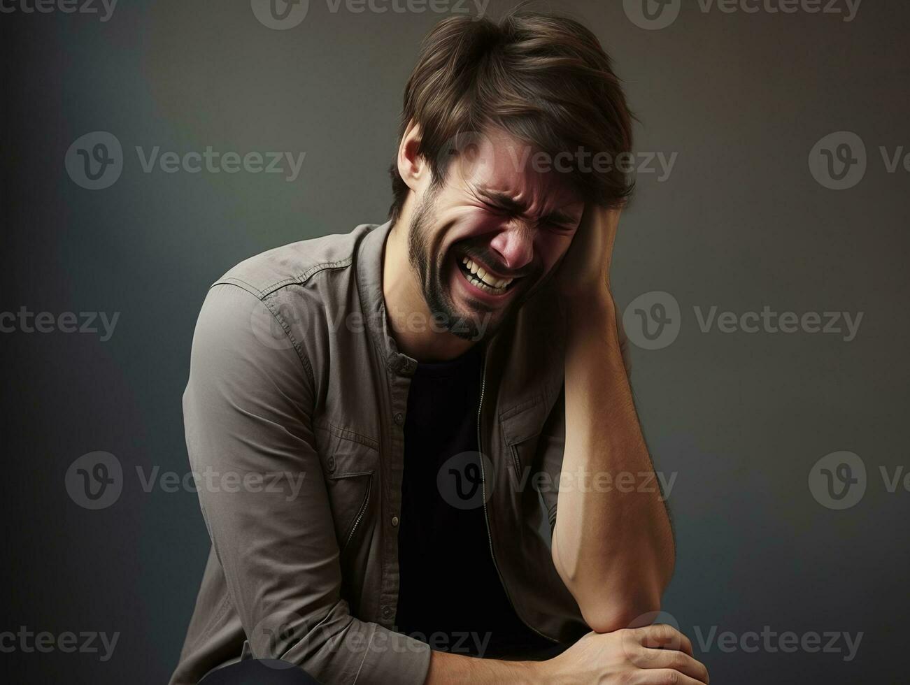 Man appears to be in pain on grey background AI Generative photo