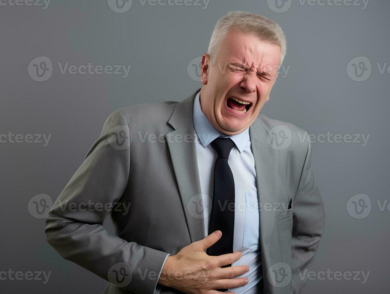 Man appears to be in pain on grey background AI Generative photo