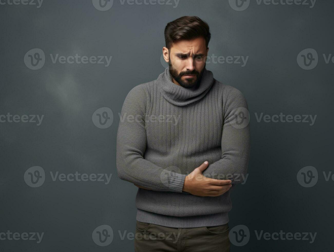 Man appears to be in pain on grey background AI Generative photo