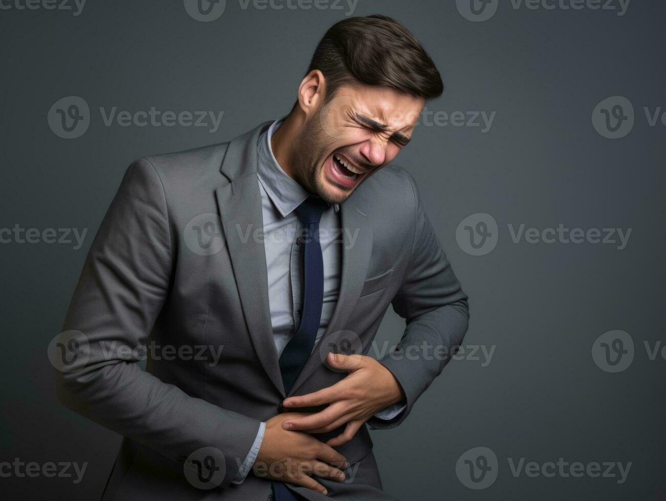 Man appears to be in pain on grey background AI Generative photo