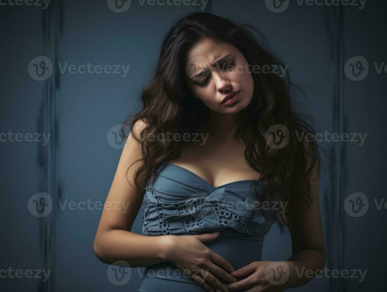 Mexican woman appears to be in pain on grey background AI Generative photo