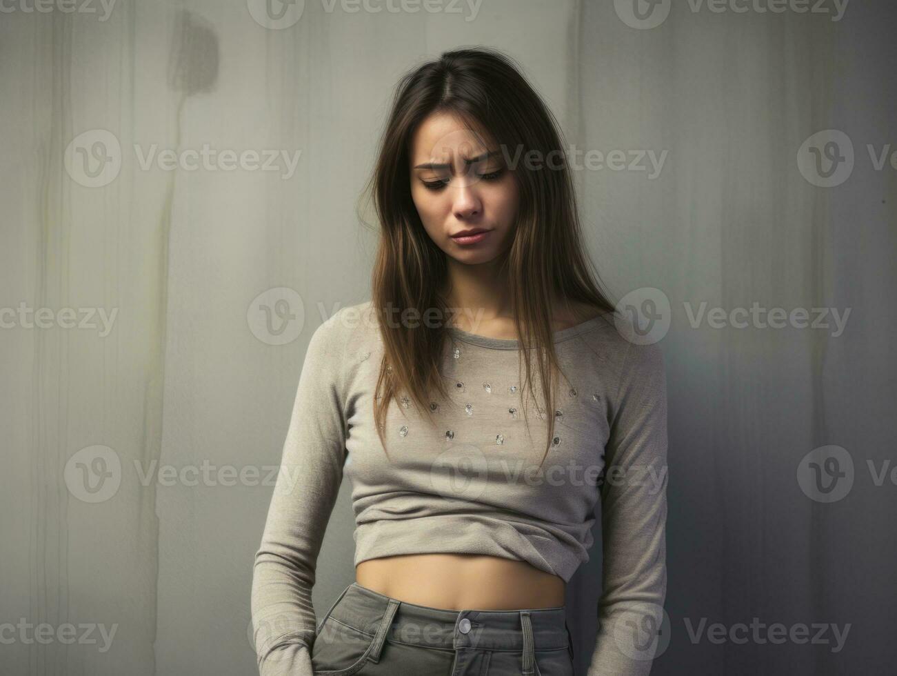 Mexican woman appears to be in pain on grey background AI Generative photo