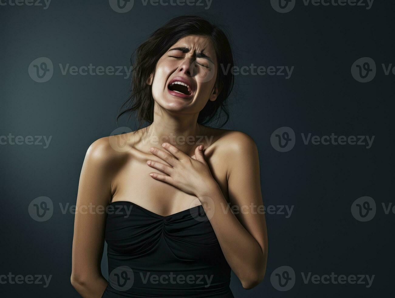 Mexican woman appears to be in pain on grey background AI Generative photo